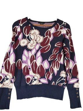 Ann Taylor Floral Crewneck Sweater in Navy, Burgundy & Lavender